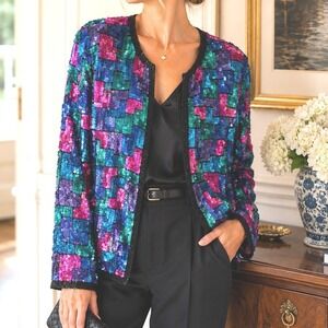 SWEELO Vintage 100% Silk Sequin Jacket Beaded Evening Party Cocktail Holiday